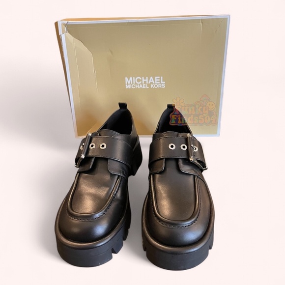 NWT Michael Kors Colby Leather Platform Black Chic Edgy Retro Loafers Size 8.5 - Picture 2 of 11